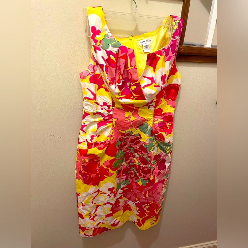 ANDRE OLIVER Dress Size 4 Sheath Floral Sleeveless Yellow Cotton